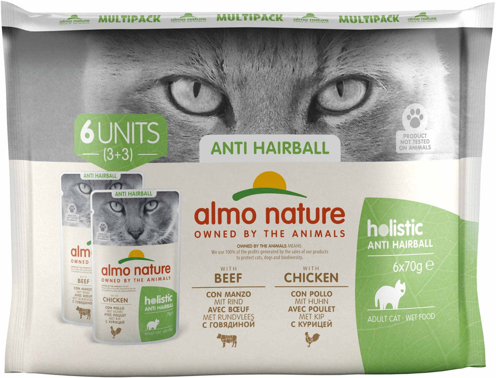 ALMO NATURE HOLISTIC Pachet plicuri pisici anti-Hairball, cu vita si pui 6 x 70g