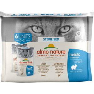 ALMO NATURE HOLISTIC Pachet plicuri pisici sterilizate, cu cod si pui 6 x 70g