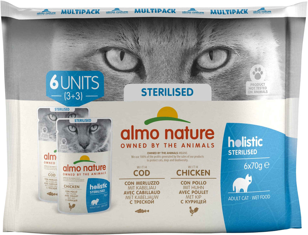 ALMO NATURE HOLISTIC Pachet plicuri pisici sterilizate, cu cod si pui 6 x 70g