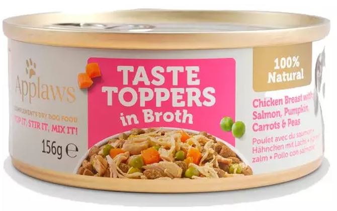 APPLAWS Toppers Conserva pentru caini, cu Pui, Somon si Vegetale in Supa 156g