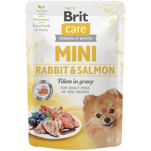 BRIT CARE Dog Mini Plic, File de iepure si somon, in sos 85g