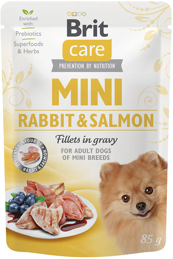BRIT CARE Dog Mini Plic, File de iepure si somon, in sos 85g