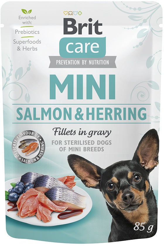 BRIT CARE Dog Mini Plic Sterilised, File de somon şi hering, în sos 85g - Maxi-Pet.ro