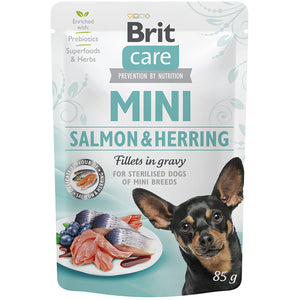 BRIT CARE Dog Mini Plic Sterilised, File de somon si hering, in sos 85g