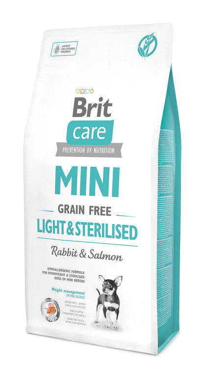 BRIT CARE Mini Grain Free Light& Sterilised Iepure si Somon 7kg