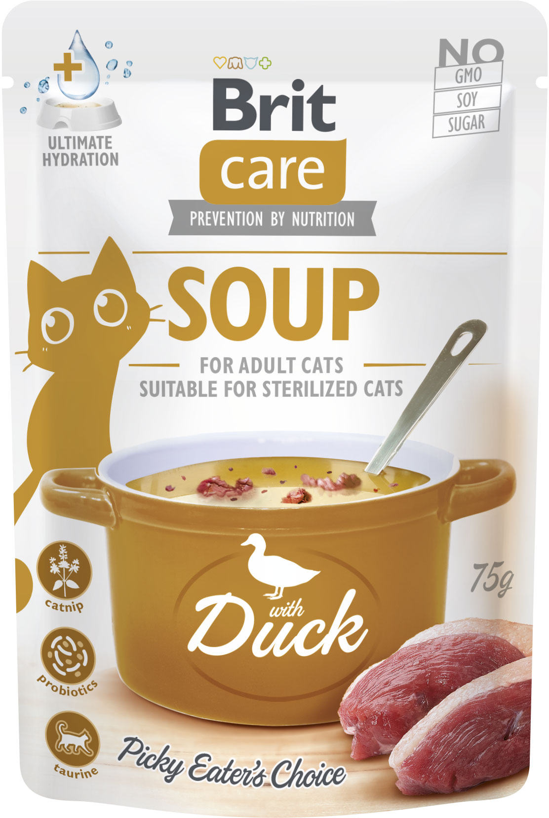 BRIT CARE Plic hrana umeda pentru pisici, Supa cu Rata 75g 