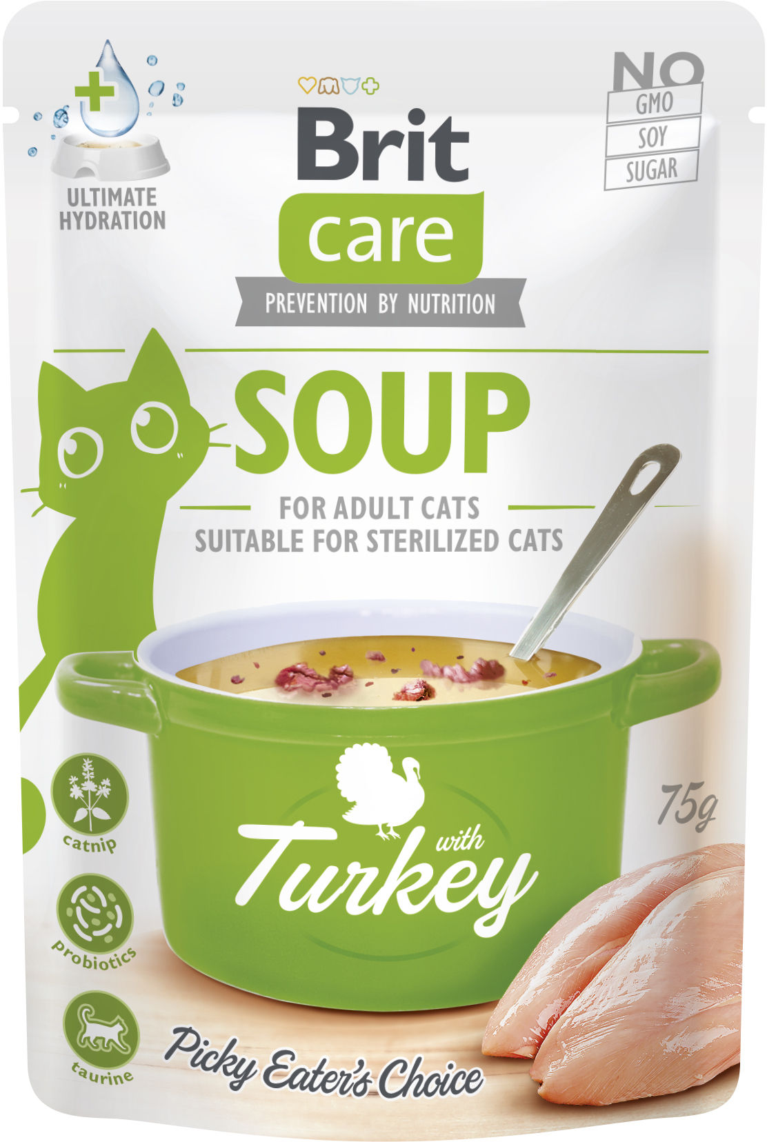 BRIT CARE Plic hrana umeda pentru pisici, Supa Curcan 75g 