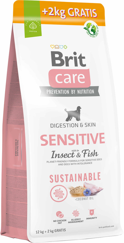 BRIT CARE Sustainable Sensitive, cu Peste si Insecte 12kg+2kg GRATIS