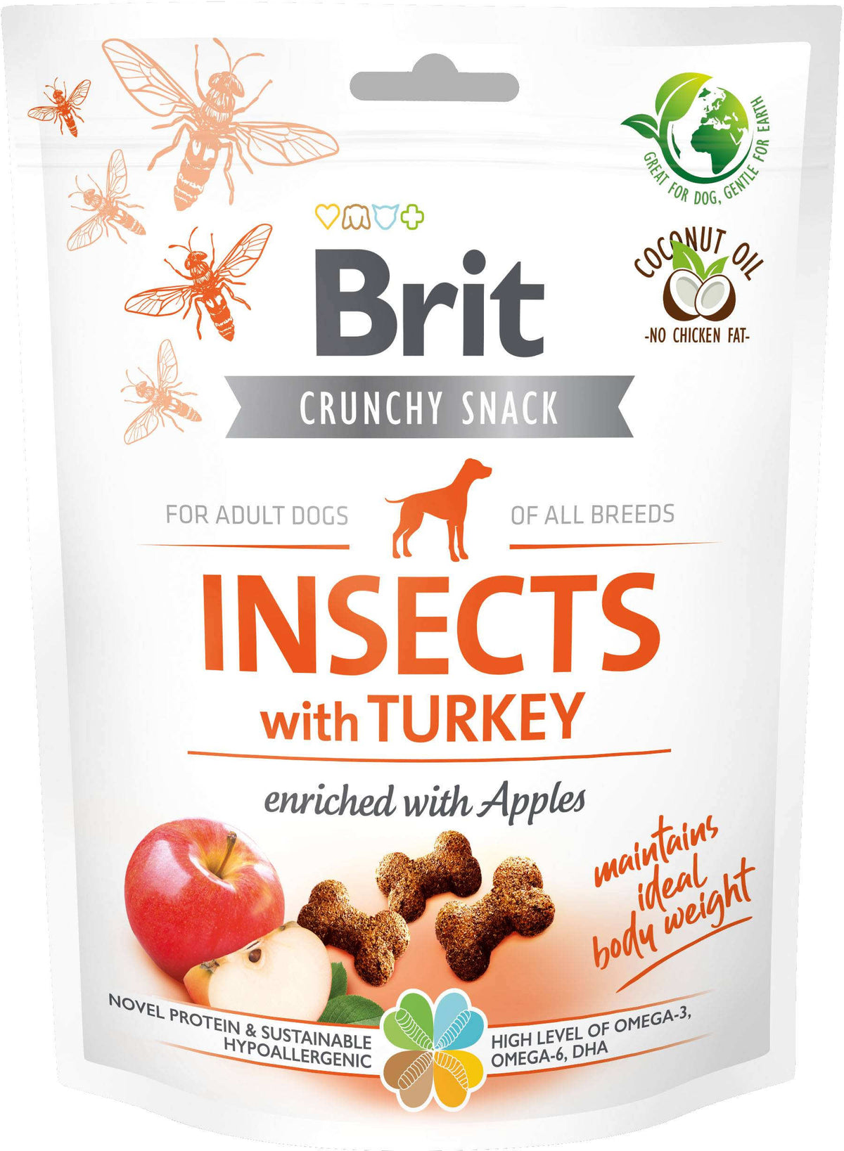 BRIT Crunchy Snack, recompensa pentru caini, cu Insecte, Curcan si Mere 200g