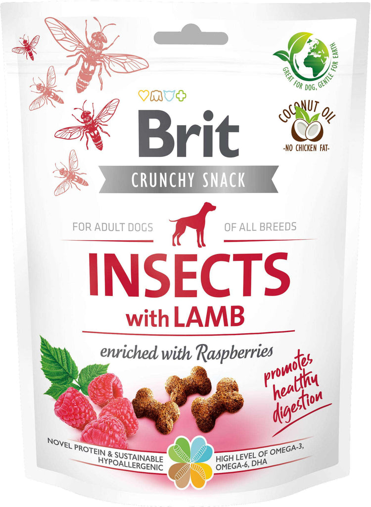 BRIT Crunchy Snack, recompensa pentru caini, cu Insecte, Miel şi Zmeura 200g