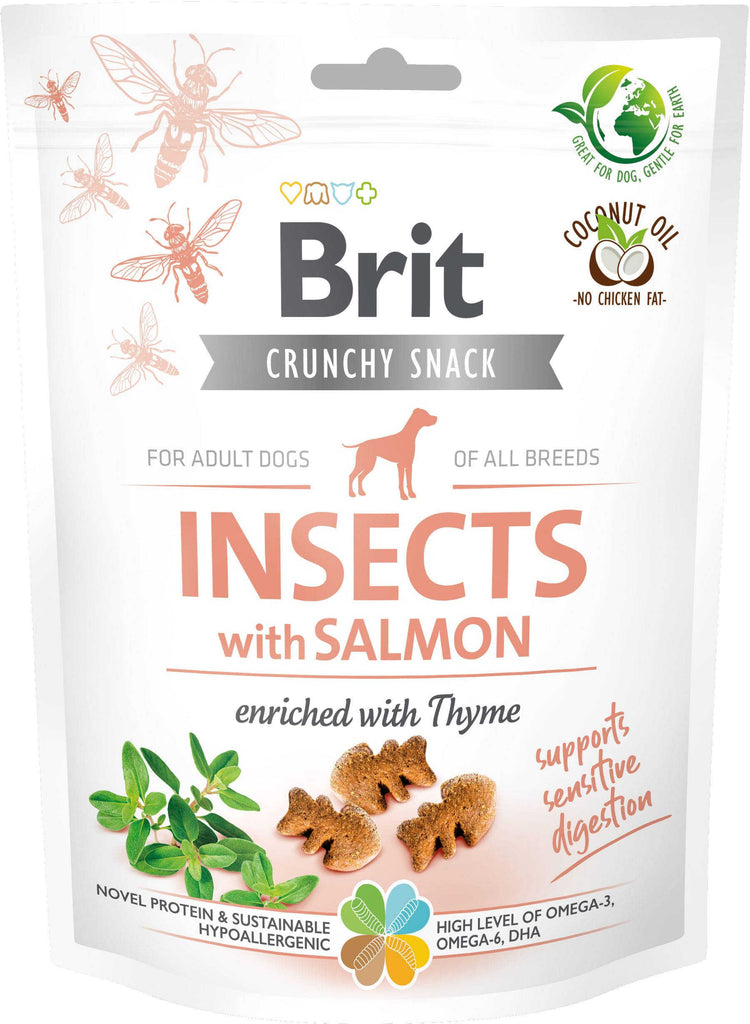 BRIT Crunchy Snack, recompensă pentru câini, cu Insecte, Somon şi Cimbru 200g - Maxi-Pet.ro
