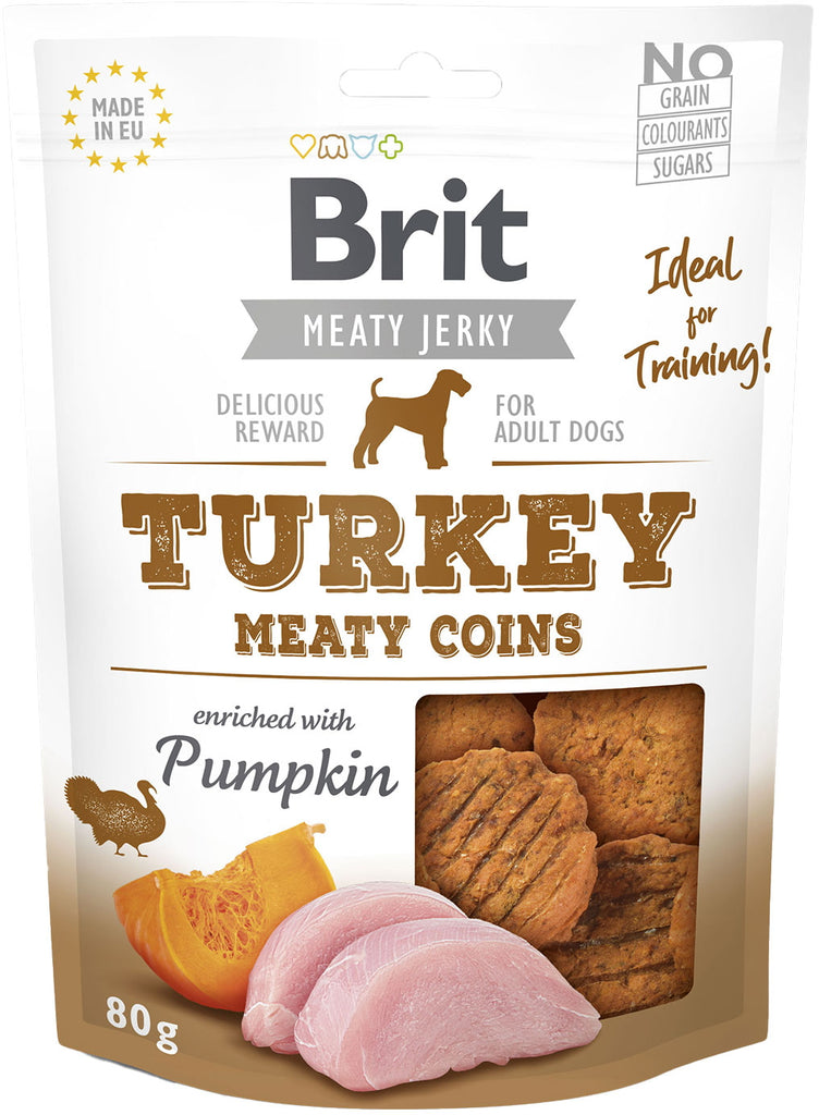 BRIT Jerky Meaty Coins Curcan, recompense pt câini, cu carne de curcan - Maxi-Pet.ro