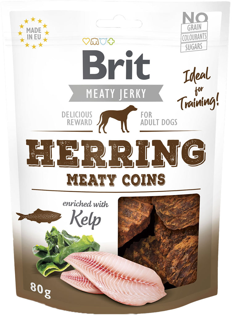 BRIT Jerky Meaty Coins Hering, recompensă pentru câini, cu carne de hering 80g - Maxi-Pet.ro