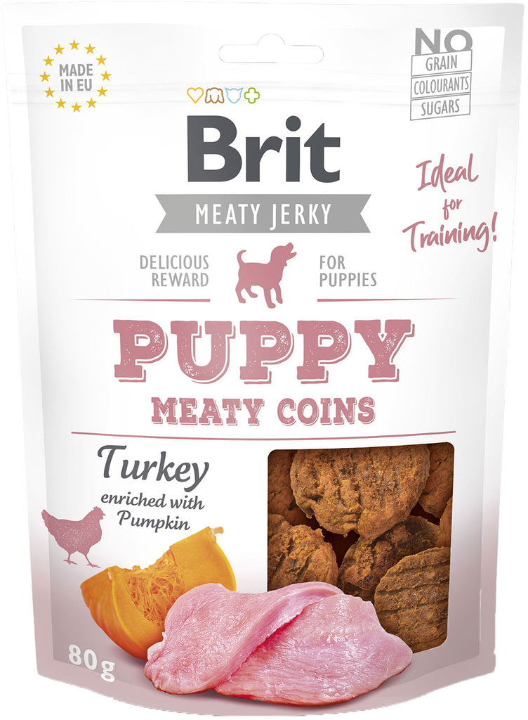 BRIT Jerky PUPPY Meaty Coins Curcan, recompense pt. căţei, carne de curcan 80g - Maxi-Pet.ro