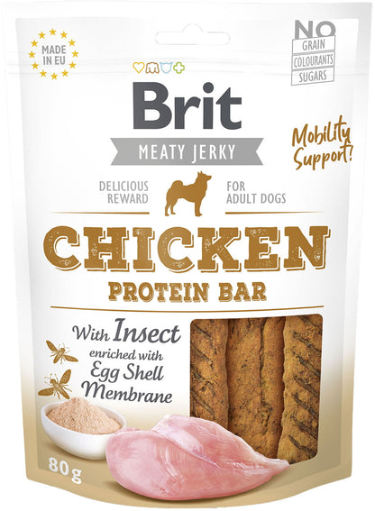 BRIT Jerky Recompensa pentru caini, Baton proteic, cu Pui si Insecte 80g
