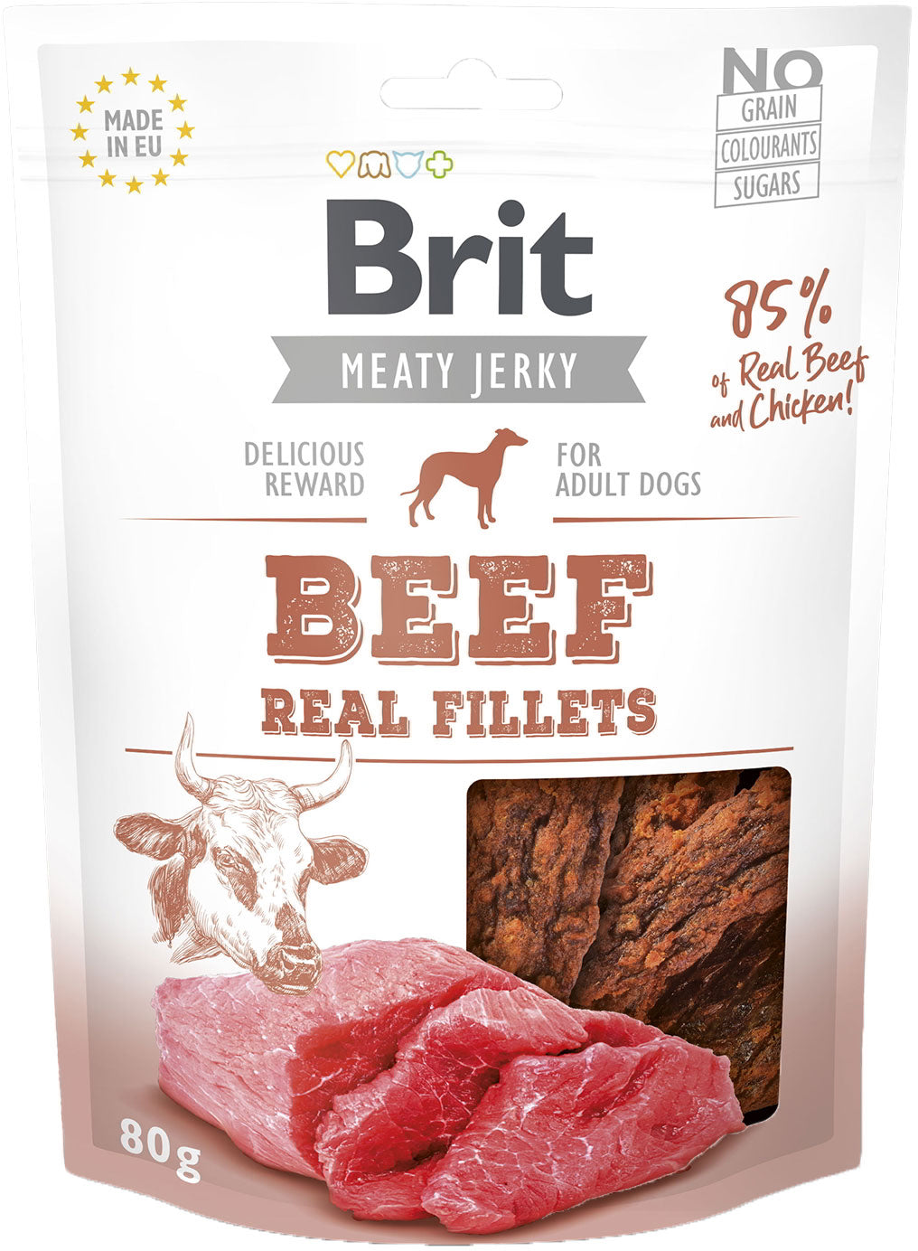 BRIT Jerky Recompensa pentru caini, File de Vita si Pui 80g