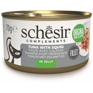 SCHESIR Conserva hrana complementara pentru pisici, cu Ton/Calamar, in jeleu 70g