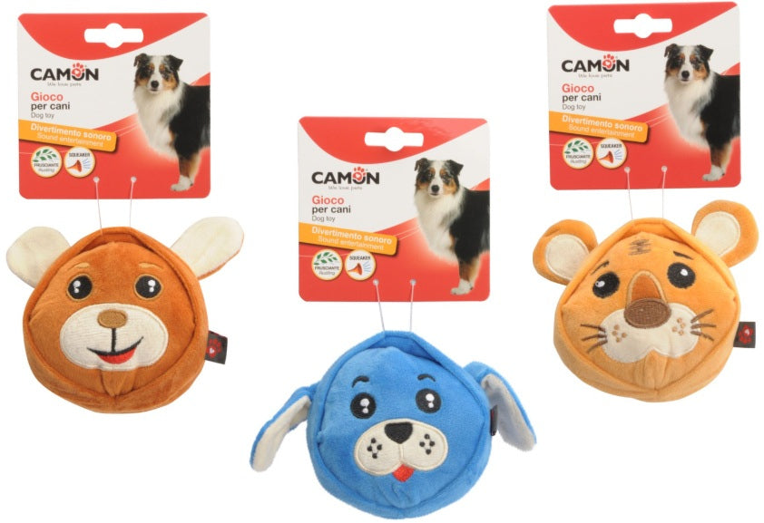 CAMON Jucarie pentru caini, Cap de caine din plus cu sunet, div modele, 10 cm