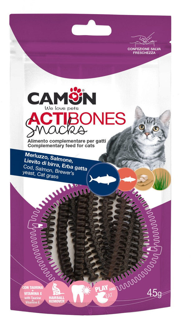 CAMON Snack pentru pisici Actibones cod, somon si drojdie de bere, 45g