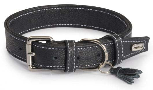 CAMON Zgarda dubla pentru caini, din piele naturala, negru 15x370mm