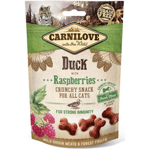 CARNILOVE Crunchy Recompense pentru pisici, cu Rata si Zmeura 50g
