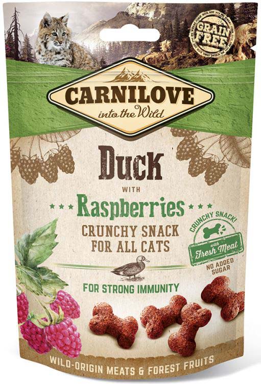 CARNILOVE Crunchy Recompense pentru pisici, cu Rata si Zmeura 50g