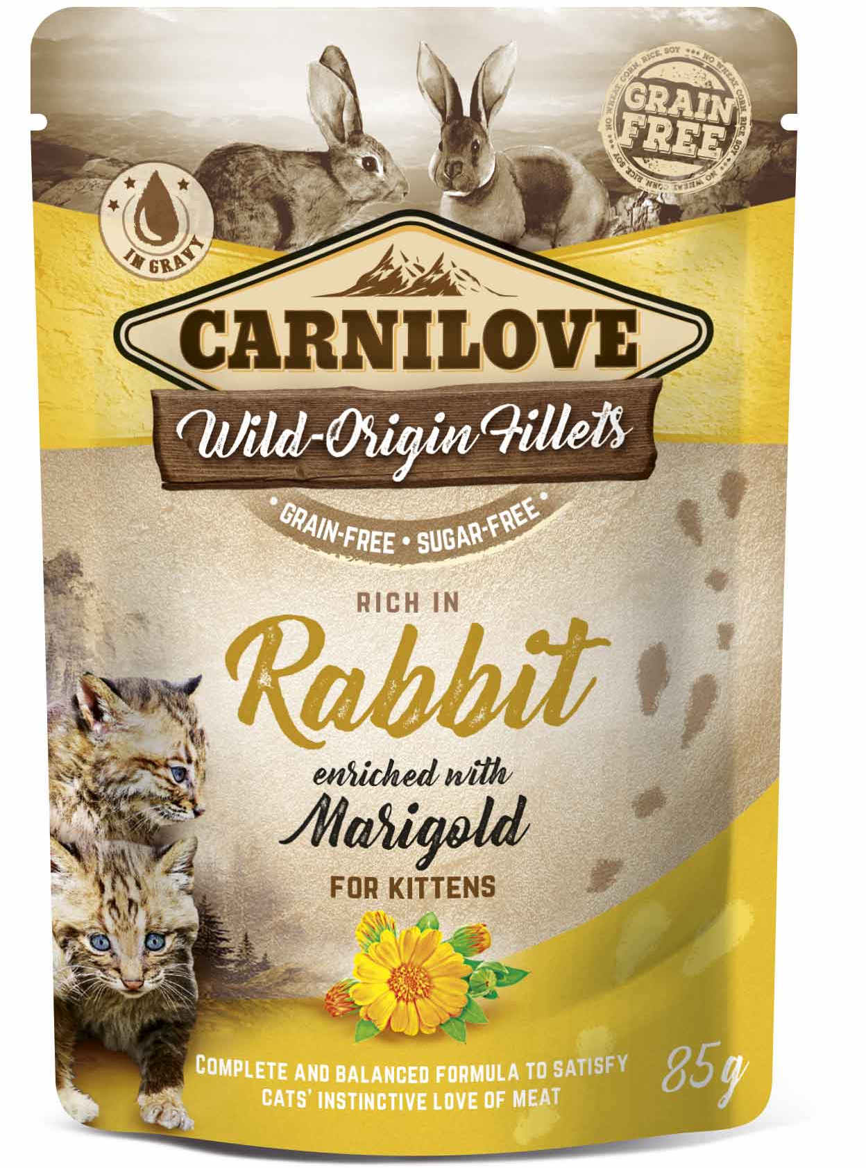 CARNILOVE KITTEN Plic pentru pisicute, cu Iepure si galbenele 85g