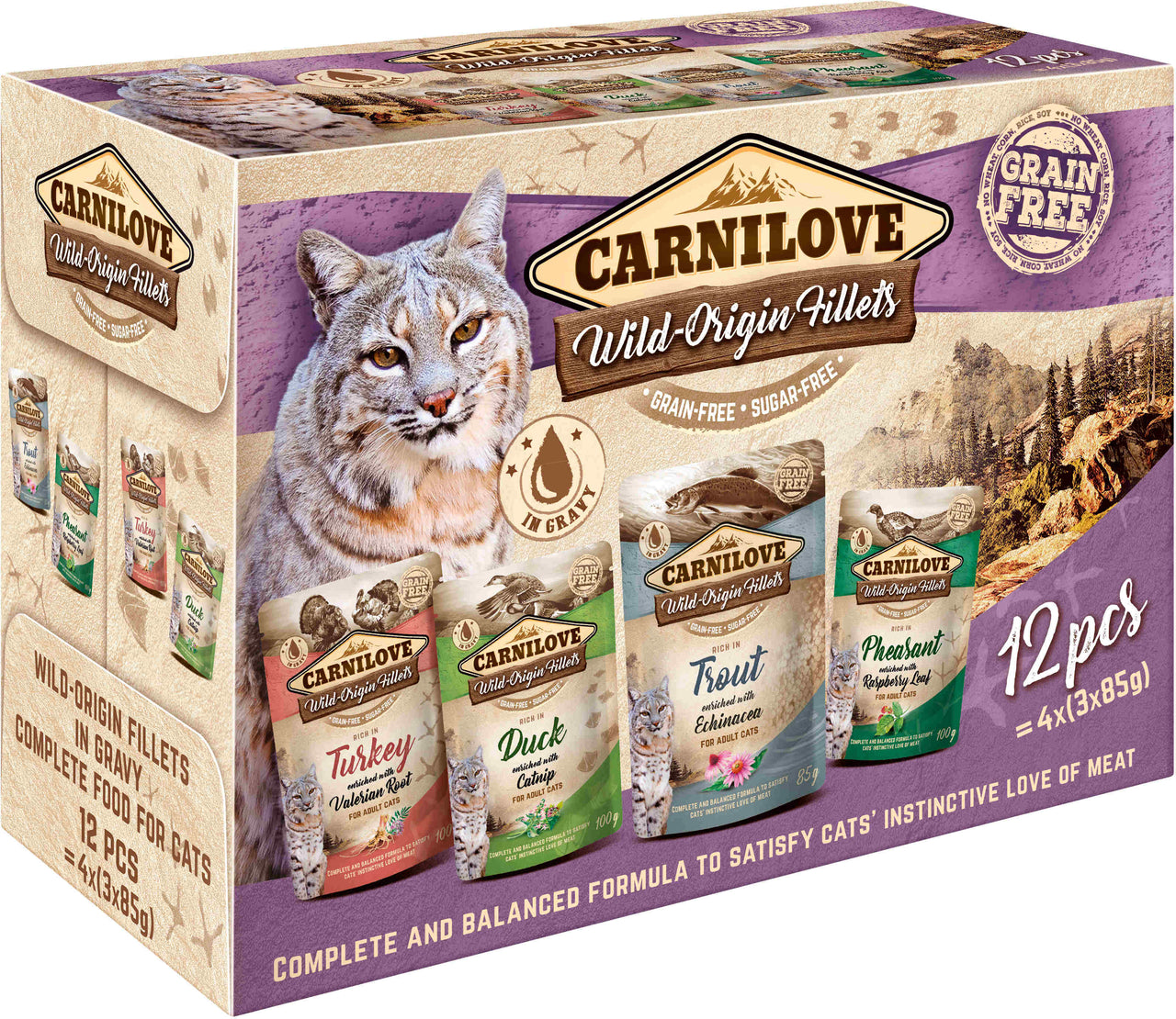 CARNILOVE Pachet mixt plicuri pentru pisici, Curcan, Rata, Vanat, Pastrav 12x85g