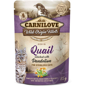 CARNILOVE Plic pentru pisici sterilizate, cu Prepelita si papadie 85g