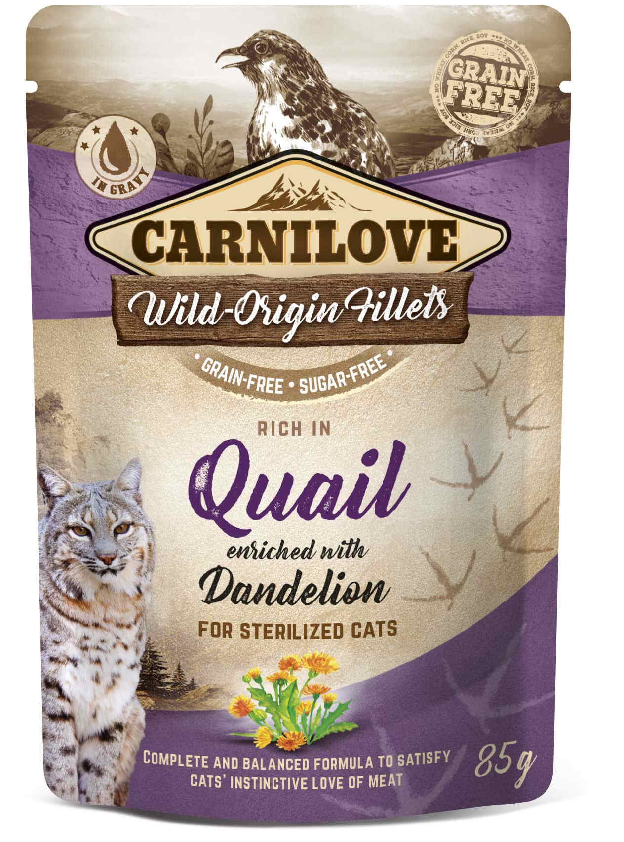 CARNILOVE Plic pentru pisici sterilizate, cu Prepelita si papadie 85g