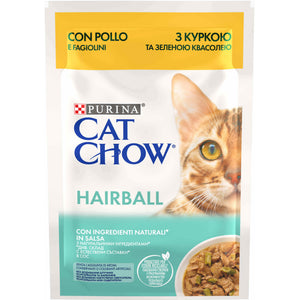 CAT CHOW HAIRBALL Plic hrana umeda cu Pui si Fasole verde 85g