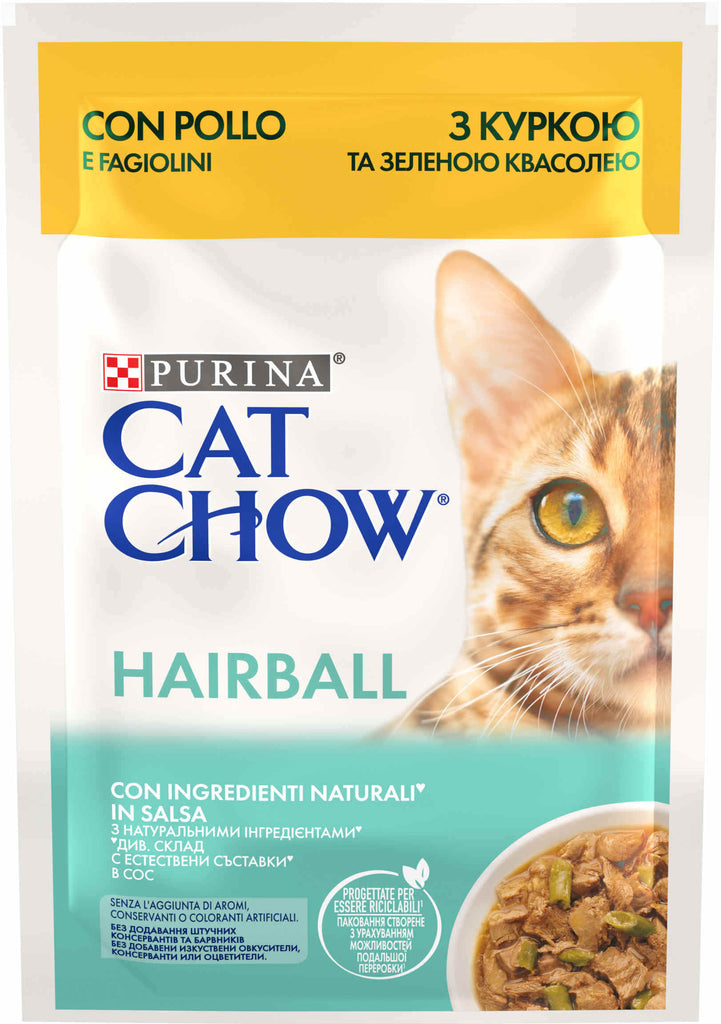 CAT CHOW HAIRBALL Plic hrana umeda cu Pui şi Fasole verde 85g