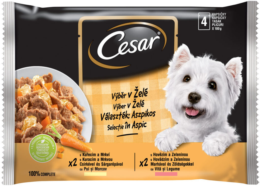CESAR Pachet plicuri pentru caini Selectii in Aspic, Pui si Vita 4x100g