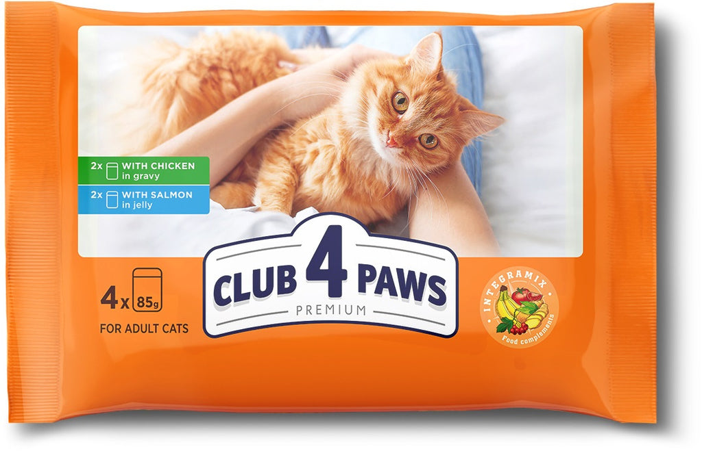 CLUB 4 PAWS Multipack Hrana umeda pentru pisici, cu Pui si Somon 4x85g
