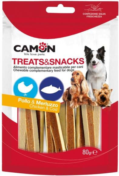 CAMON Recompense caini Fasii de carne Pui/Cod, pentru caini peste 4 luni, 80g