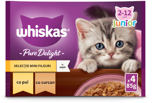 WHISKAS Pure Delight JUNIOR Mix plicuri pisicuţe, cu Pui/Curcan in aspic4x85g