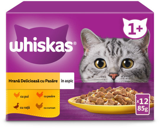 WHISKAS Mix plicuri pisici Adulte, cu Pui/Raţa/Pasare/Curcan in aspic 12x85g