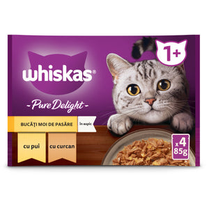 WHISKAS Pure Delight Mix plicuri pisici Adulte, cu Pui/Curcan in aspic 4x85g