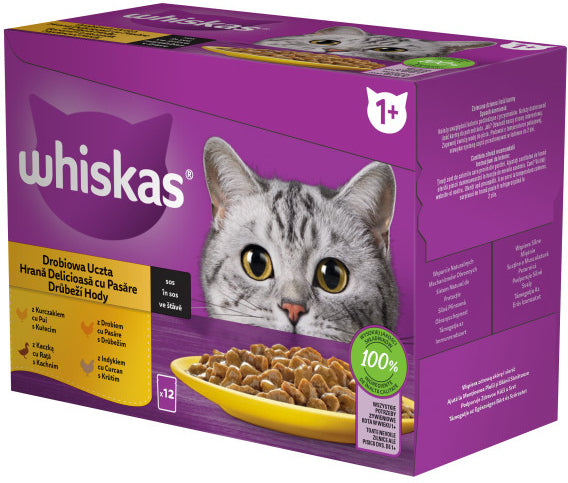 WHISKAS Mix plicuri pisici Adulte, cu Pui/Rata/Pasare/Curcan in sos 12x85g