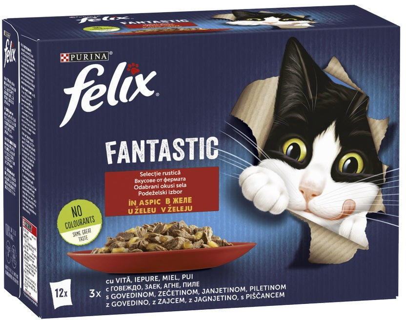 FELIX Fantastic Pachet plicuri pt pisici, cu Pui, Vita, Iepure şi Miel 12x85g