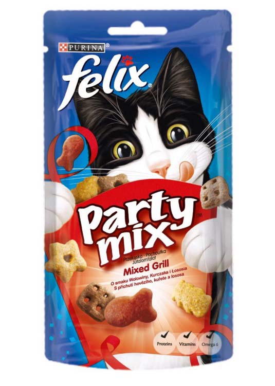 FELIX Party Mix Delicatese pentru pisici MIXED GRILL cu Pui, Vita şi Somon 60g