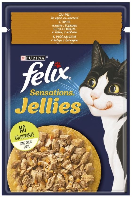 FELIX Sensations Gelees plic pentru pisici, pui in aspic, cu morcovi, 85g