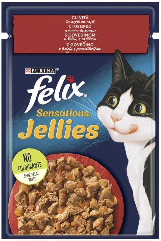 FELIX Sensations Gelees plic pentru pisici, vita in aspic, cu rosii, 85g
