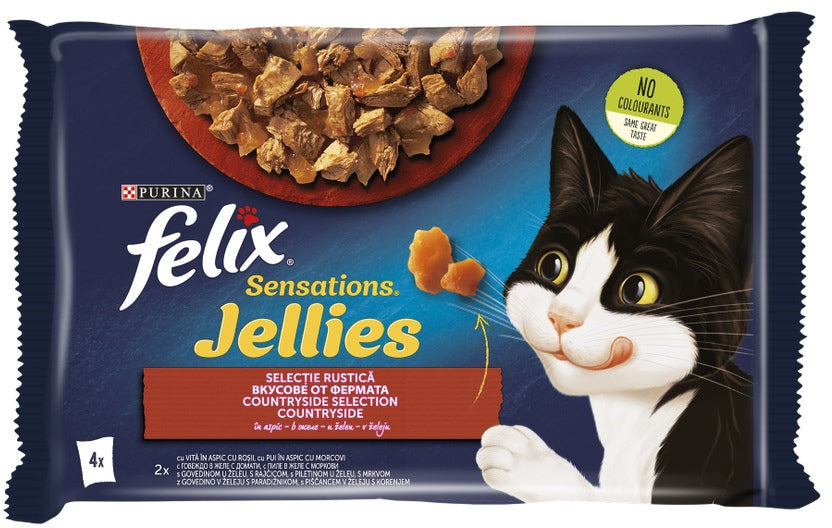 FELIX Sensations Gelees plicuri pentru pisici, vita şi pui, 4x85g