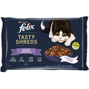 FELIX Tasty Shreds Selectie mixta cu Vita, Pui, Somon si Ton in sos 4x80g