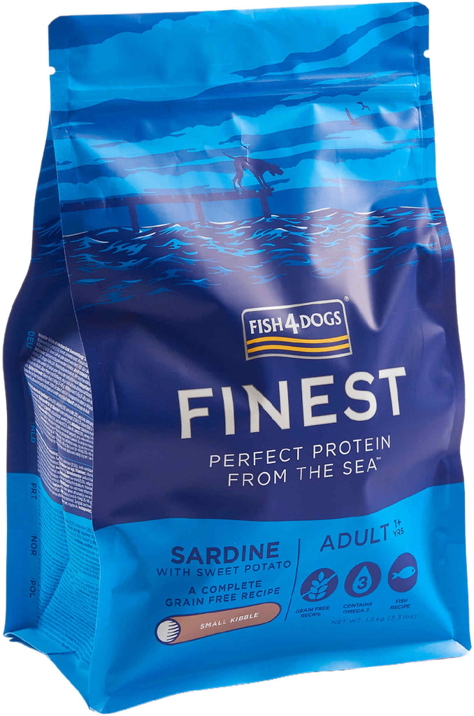 FISH4DOGS Finest Adult Sardine si Cartofi dulci, Small Kibble 1,5kg 