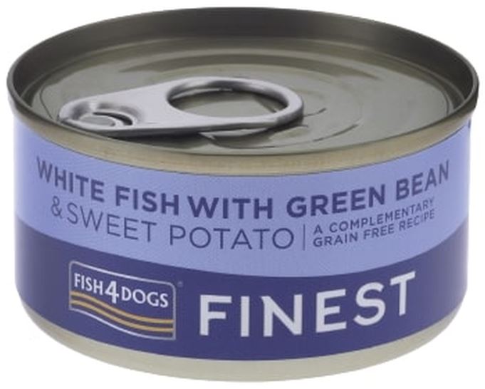 FISH4DOGS Finest Conserva caini, cu Peste alb, Cartofi dulci si Fasole verde 85g