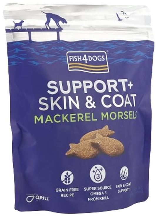 FISH4DOGS Support+ Skin & Coat Recompensa pentru caini, biscuiţi cu Macrou 225g 