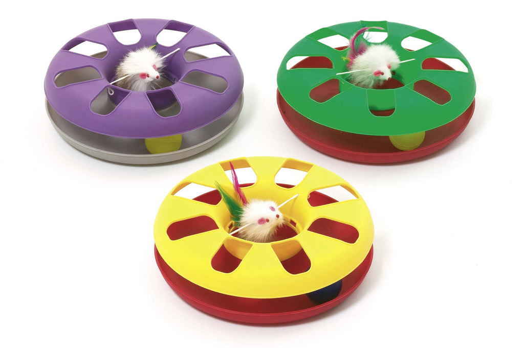 FLAMINGO Jucărie pentru pisici Cerc (24 cm) cu minge şi şoricel, diferite culori - Maxi-Pet.ro
