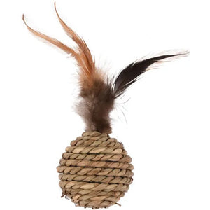 FLAMINGO Jucarie pentru pisici Minge din sfoara cu pene, cu sunete, 16cm